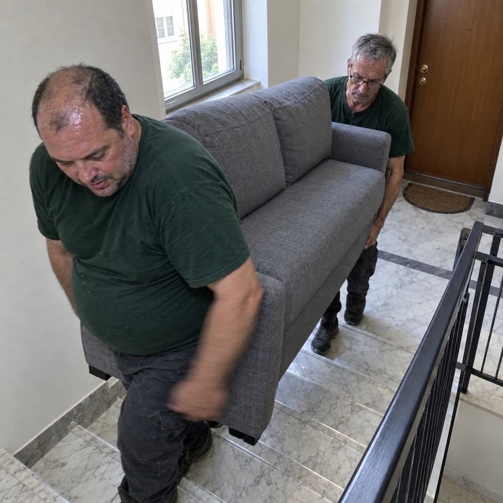 Due addetti portano un divano su per le scale