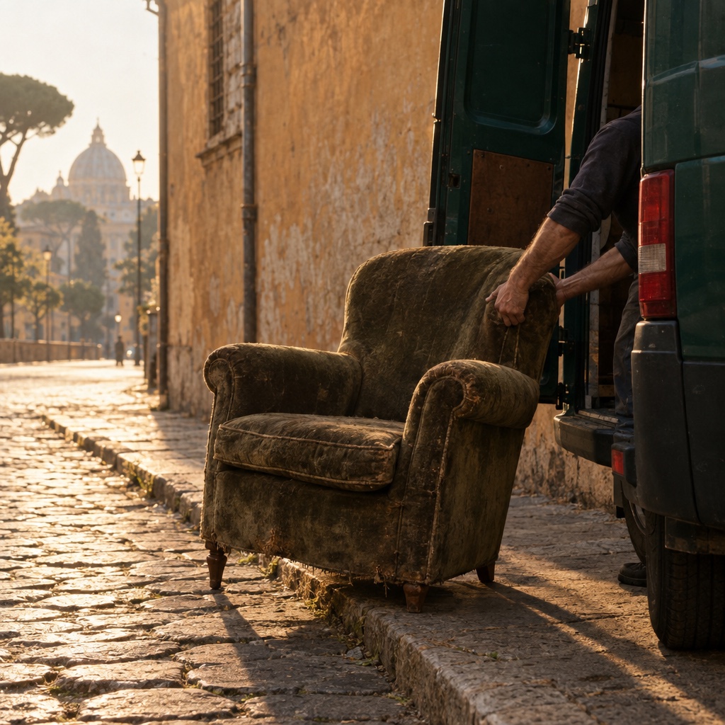 Una poltrona vecchia caricata sul furgone